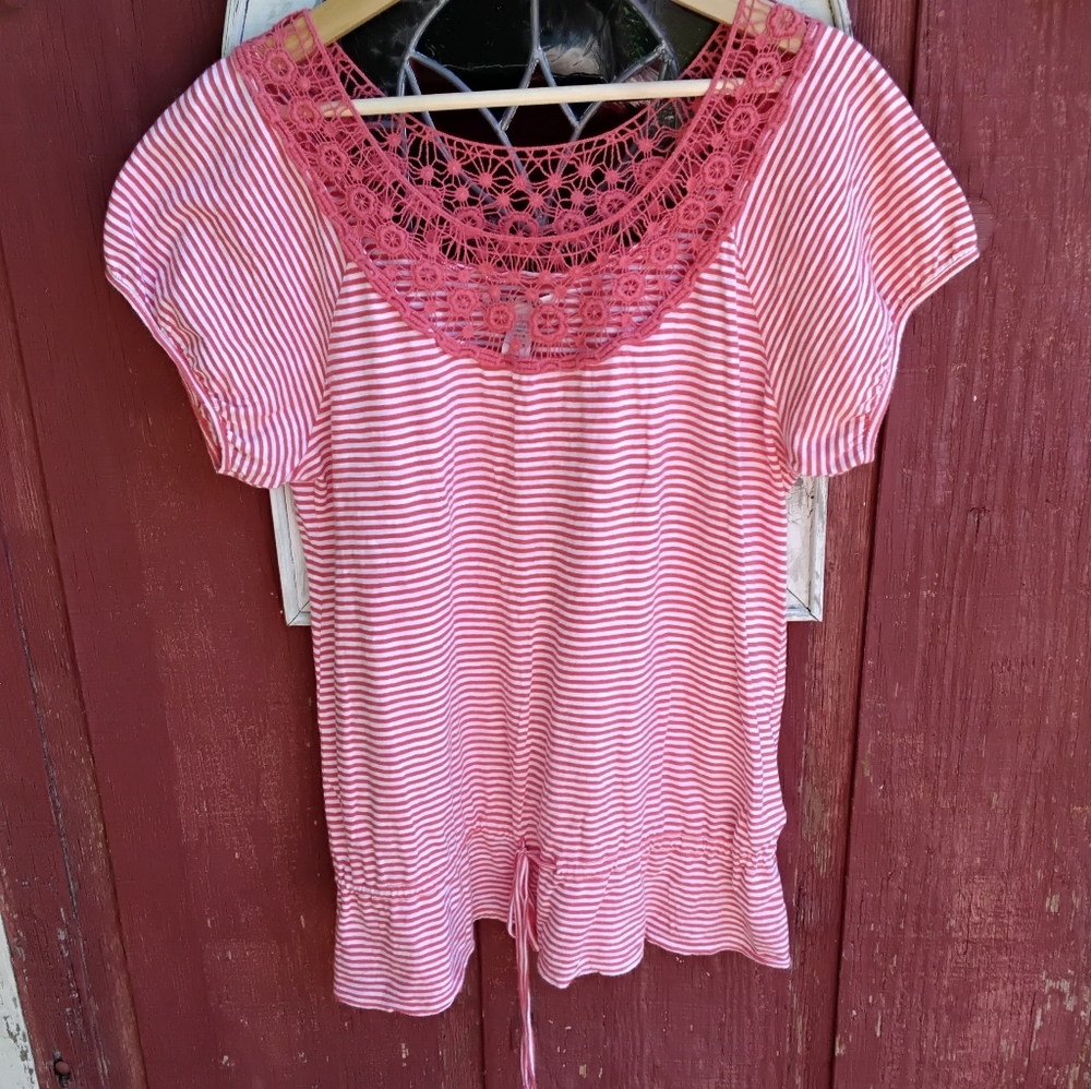 Lucky Brand Striped Crochet-Yoke Top
